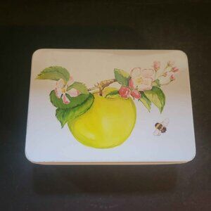 Vintage Tin Watercolor Illustration of a Apple, Apple Blossoms, Leaves, and Bee